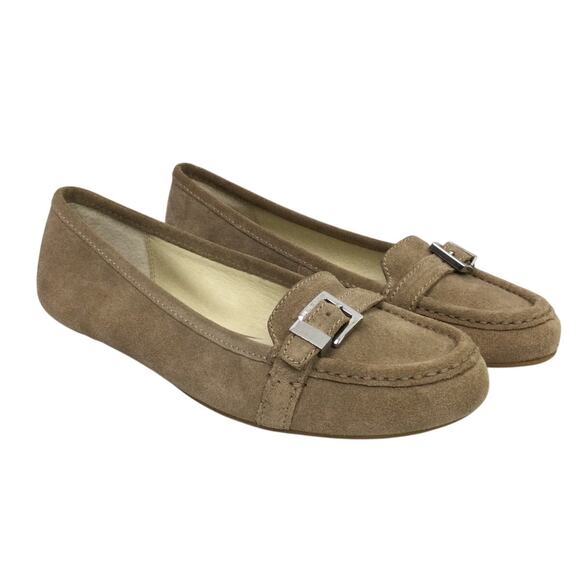 Michael Michael Kors Almond Toe Buckle Suede Preppy Minimalist Tan Loafer 10M - Picture 1 of 13